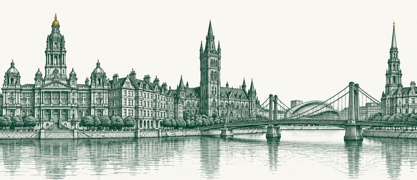 Line engraving of the Glasgow skyline along the River Clyde, including the City Chambers and the University of Glasgow tower
